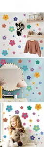 Colorful daisy wall stickers shown in various kids room scenes for home wall decoration