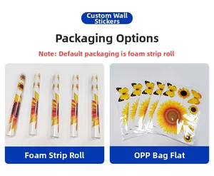 Detail showing two packaging options for daisy wall decals in foam rolls or OPP bags