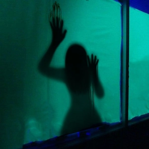 Τρομακτικό αυτοκόλλητο τοίχου Halloween με σιλουέτα γυναίκας φάντασμα και ματωμένες παλάμες
