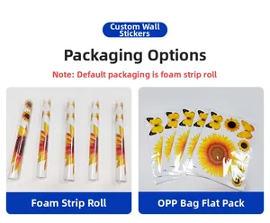 Detail showing sunflower wall stickers in foam roll and OPP bag packaging options