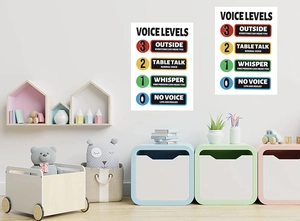 Detail view of Voice Levels educational poster with 0-3 decibel scale for kids room