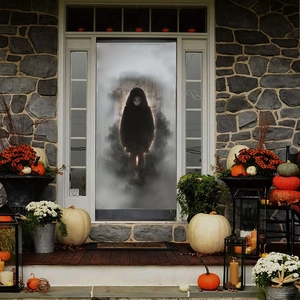 Halloween scary hooded figure door poster with pumpkins and lanterns on stone porch