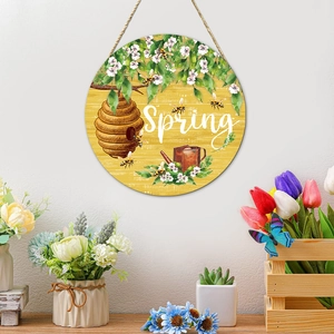 Pastoral Round Wooden Welcome Door Sign Spring Theme Floral Bee Bird Print Hanging Wall Art For Living Room Entrance Decor