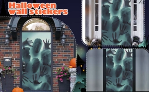 Detalle de pegatinas de Halloween con manos de fantasmas y contornos de caras translúcidas