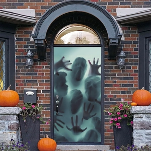 Pegatina de puerta de Halloween con huellas de manos sangrientas y sombras de fantasmas