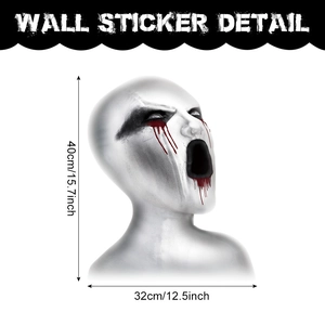 Detail view of scary ghost face wall sticker with bloody tears and 40x32cm dimensions