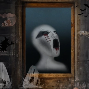 Spooky Halloween ghost window sticker with bloody eyes and screaming face decor
