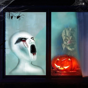 Halloween window decals featuring scary ghost face and evil clown with bloody eyes