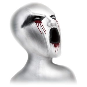 Creepy white Halloween mask with black eye makeup and red dripping blood details