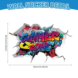 Detail showing dimensions of 3D gamer zone wall sticker with graffiti design