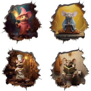 3D PVC mouse hole wall decals featuring wizard, chef, and zen mouse cartoon decorations