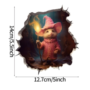 Detail of 3D mouse hole wall sticker showing a wizard mouse with dimensions 5.5 x 5 inch
