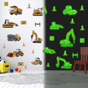 Luminous wall stickers featuring construction trucks and tractors for boys' bedroom decor