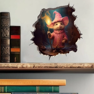 3D cartoon mouse wizard wall sticker with pink robe and glowing staff for room decor