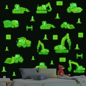 Glow-in-the-dark construction vehicle wall stickers for boys bedroom featuring excavators