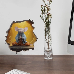 Detailed 3D wall sticker featuring a zen mouse in a blue robe sitting in a cracked wall