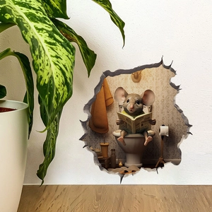 3D cartoon mouse on toilet wall sticker detail on white wall with green plant and wood floor
