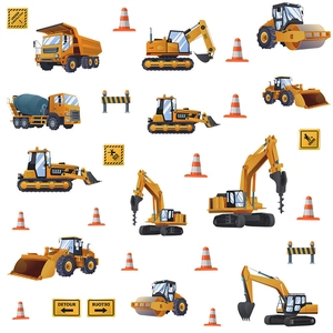 Luminous wall stickers featuring yellow construction trucks and excavators for boys' rooms