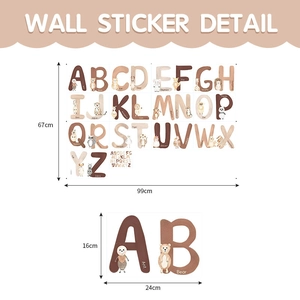 Detail view of alphabet animal wall stickers showing dimensions 99x67cm for nursery decor