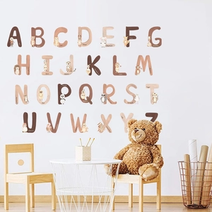 Detail of 26 animal alphabet wall stickers in neutral tones for kids room decor
