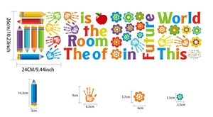 Detail showing colorful motivational wall stickers with pencil and handprint graphics