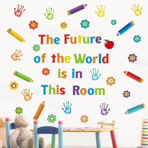 Detail of colorful wall sticker with inspirational English text and cartoon palm prints