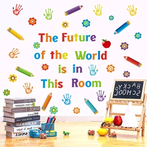 Inspirational world's future classroom wall decal with colorful handprints and crayons