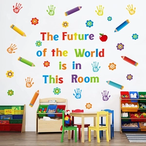 Inspirational Quote Wall Stickers For Classroom Colorful Handprint Pencil PVC Removable Decals Education Nursery Room Wall Decor