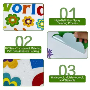Waterproof UV PVC wall stickers with English letters and colorful handprint patterns