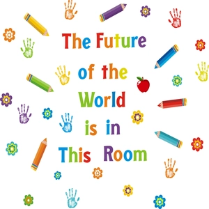 Colorful classroom wall decal with motivational English quote and handprint motifs