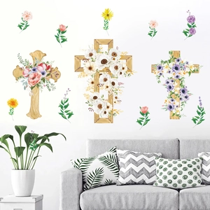 Easter PVC wall stickers featuring floral cross patterns for home glass window decoration