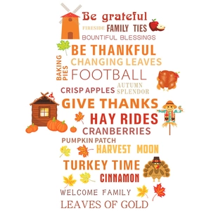 Thanksgiving window decals with turkey, pumpkin patch designs and autumn maple leaves