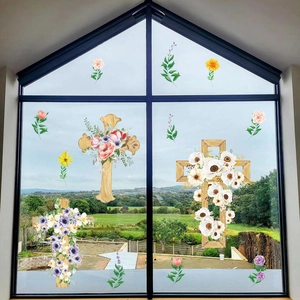 Easter PVC window stickers featuring floral wooden crosses on a glass window background