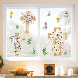 Easter window stickers with wooden floral crosses and botanical decals for glass decor