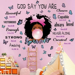 Adesivi Murali Ispiratori Dio Dice Chi Sei per Camera Bambini Ragazza Afro Farfalla Citazioni Versetto Biblico PVC Decalcomania Parete
