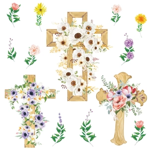 Easter watercolor window stickers with floral wood texture crosses and blooming flowers