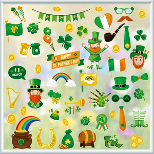 St. Patrick's Day window stickers featuring gnomes, shamrocks, and Irish folk elements