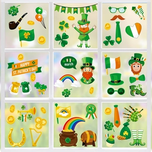 St. Patrick's Day Window Clings PVC Shamrock Gnome Rainbow Gold Coins Stickers For Irish Festival Glass Wall Decoration