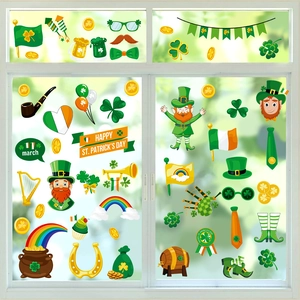 St. Patrick's Day window clings with shamrocks, gnomes, and rainbow for home decor