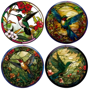 Set of four watercolor hummingbird and flower stained glass style window stickers