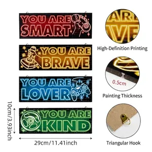 Set of 4 neon gamer wall art wood signs with positive quotes and gamepad icons