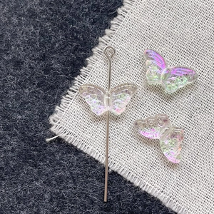 Iridescent butterfly glass beads and silver metal pin for DIY jewelry making sets