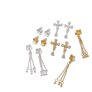 Gold and silver flower cross earrings with zircon tassels and beaded chains set