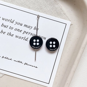 Detailed macro view of black four-hole button style earrings on a minimalist white card