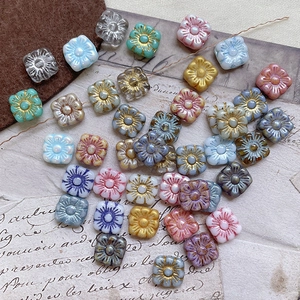 Vintage Czech glass square flower beads in assorted colors for DIY jewelry crafting