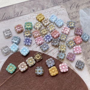 Vintage square Czech glass floral beads with relief patterns for DIY jewelry making