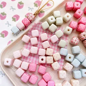 Korean Ins Style Square Plastic Resin Beads DIY Jewelry Making Accessories Heart Star Plaid Pattern Loose Cube Beads For Handcrafts