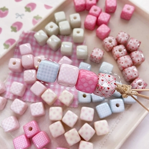 DIY cube beads with heart, dot and floral patterns in soft pastel Korean style