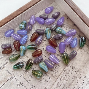 Vintage water drop Czech glass beads with metallic stripes for DIY jewelry making