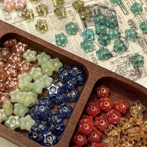 Vintage hand-painted Czech glass star flower beads with gold edges for DIY jewelry crafts